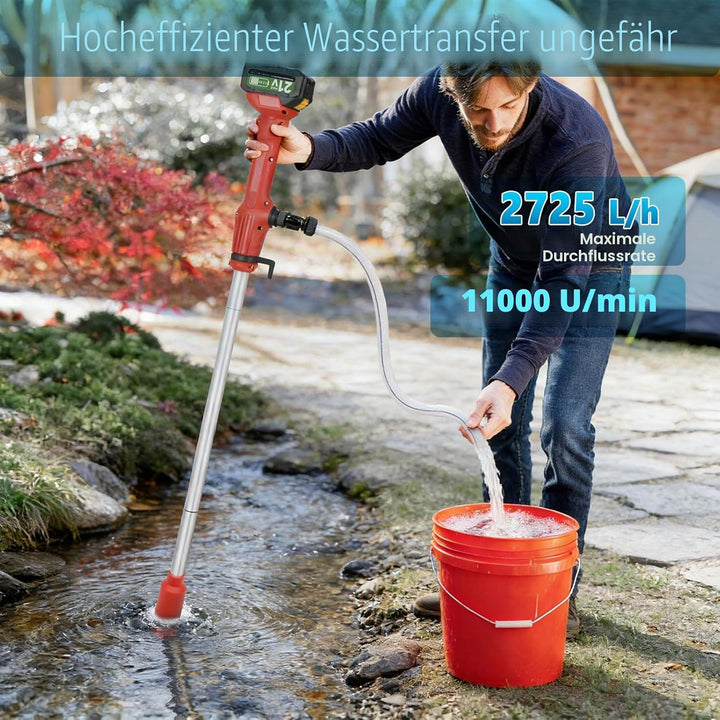 Akku-Regenfasspumpe, Kabellose Stangen Wasserpumpe mit 2 x 4,5 Ah Akku, 11000 U/min, 2725 L/H Förder