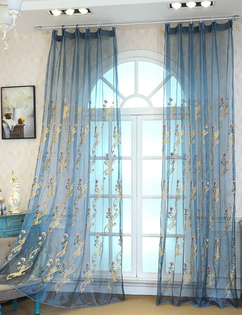 Lactraum Vorhänge Wohnzimmer Transparent Blau mit Ösen Bestickt Wasserfee Blumen Voile 300 x 245cm 3