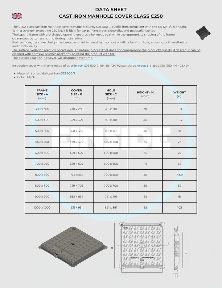 EINSIDE Schachtabdeckung Klasse C250 aus Sphäroguss, Kontrollschacht Schachtdeckel aus Gusseisen, Ro
