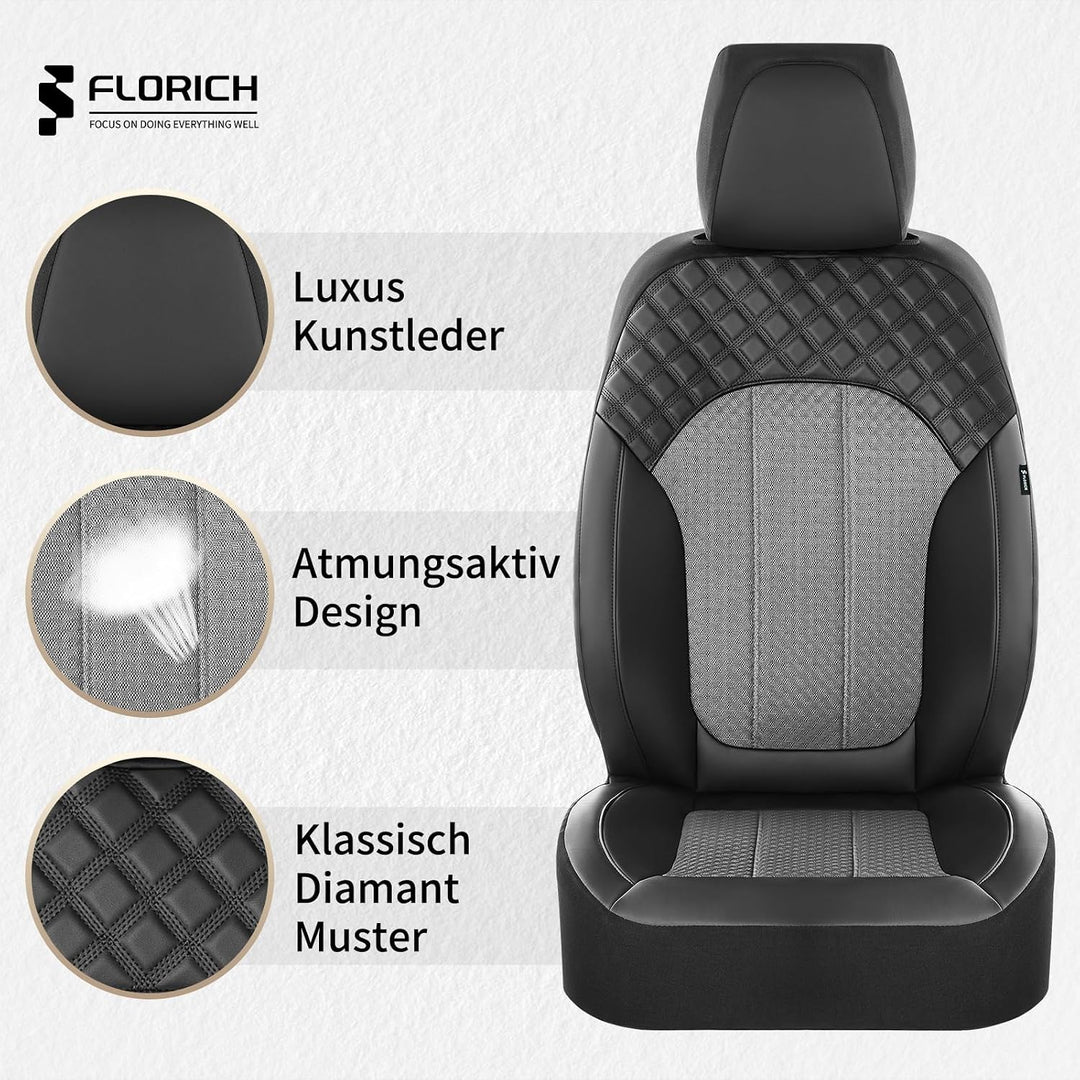 FLORICH Autositzbezüge Komplettset Vordersitzbezüge, PU Leder Air-Mesh Sitzbezüge Atmungsaktiver Sit