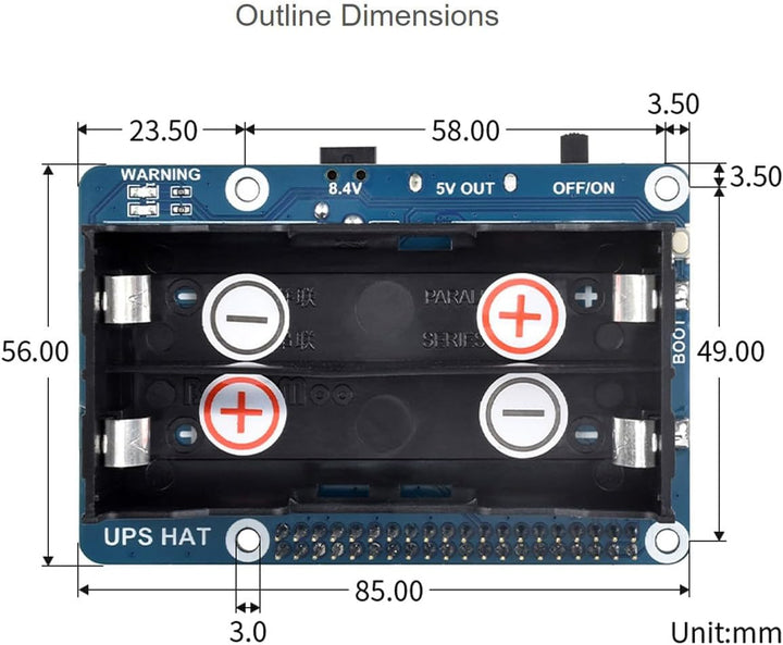 Waveshare UPS HAT for Raspberry Pi, 5V Uninterruptible Power Supply, Multi Batt Protection Circuits,