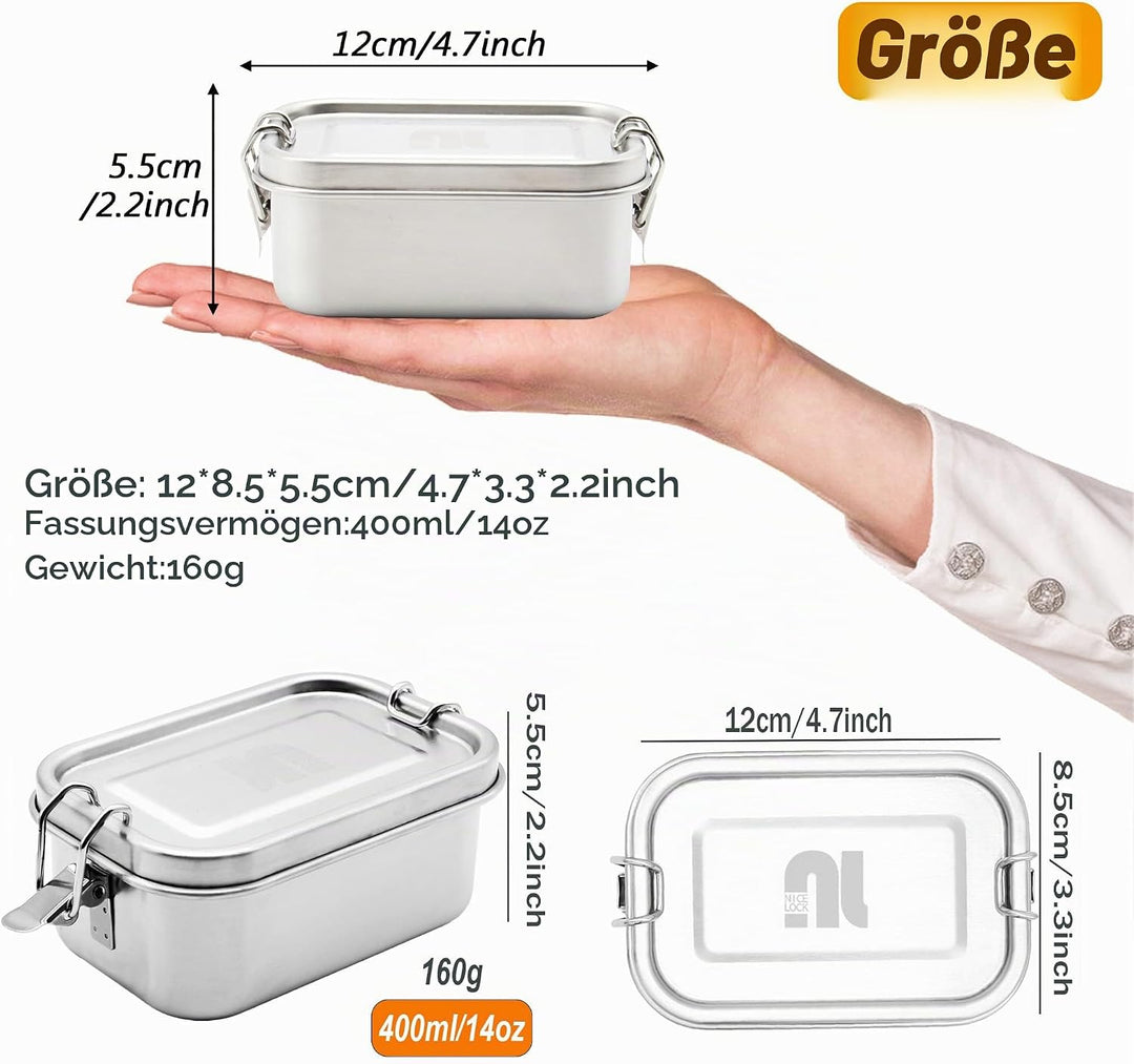 nicelock Kleines Edelstahl-Lebensmittelbehälter-Set | 400ml Wiederverwendbare Lunch-Snack-Boxen aus