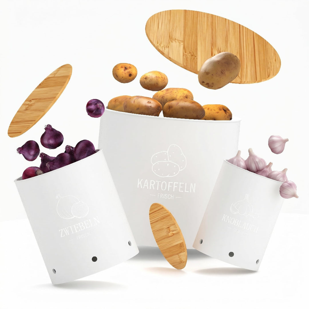 Kartoffel Aufbewahrungsbox 3er Set | Stapelbare mit Frischebelüftung, Kunststoff Kartoffelbox, Platz