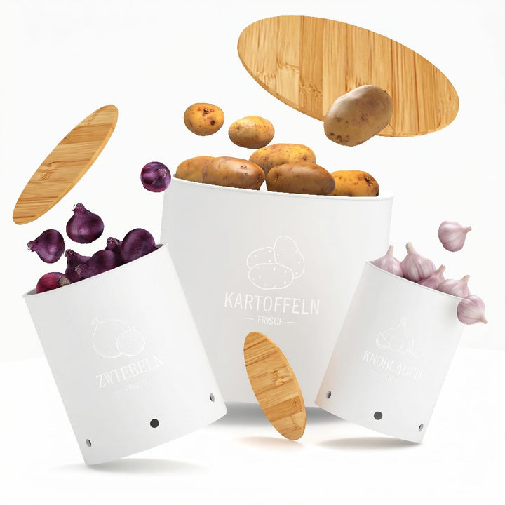 Kartoffel Aufbewahrungsbox 3er Set | Stapelbare mit Frischebelüftung, Kunststoff Kartoffelbox, Platz