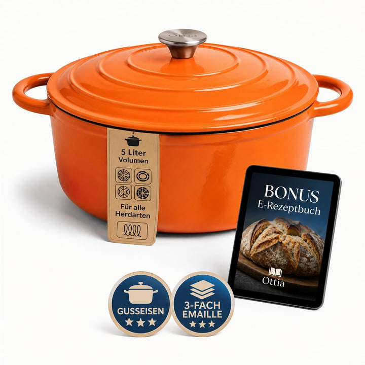 Ottia Gusseisen Topf [inkl. eBook] – Emaille Topf 26cm - Dutch Oven, Brotbackform, Brotbacktopf, Sch