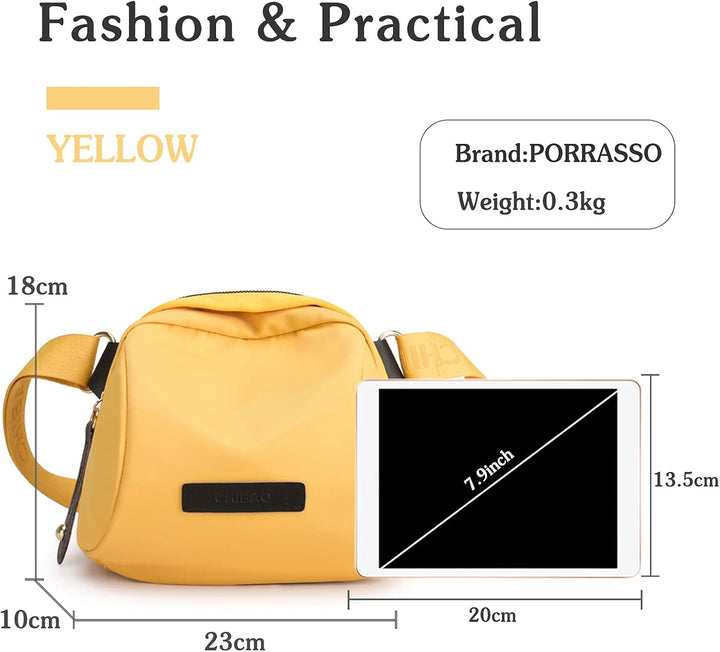 PORRASSO Damen Umhängetasche Casual Schultertasche Mädchen Gürteltasche Leicht Bauchtasche für Arbei