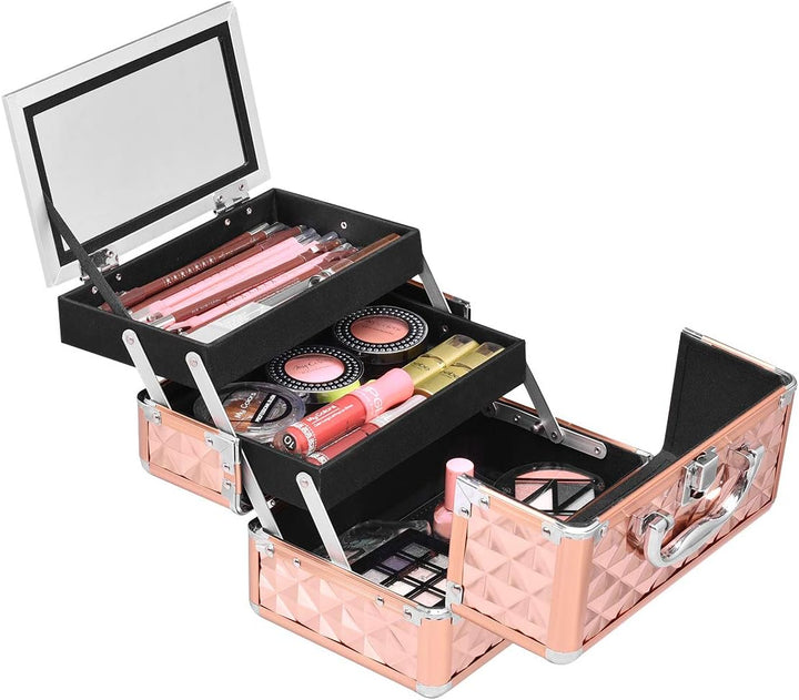 LIFEZEAL Kosmetikkoffer, Schminkkoffer für Reise, Make up Koffer im Rautenmuster, Abschliessbare Bea