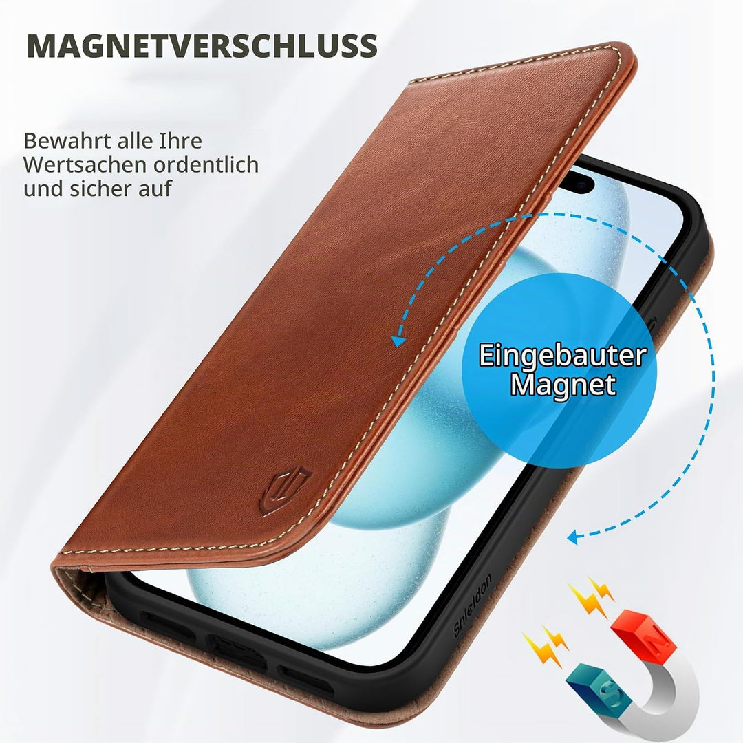 SHIELDON Hülle für iPhone 15 Plus, Handyhülle [Echtleder] [Kartenfach] [Magnet] [Standfunktion] [RFI
