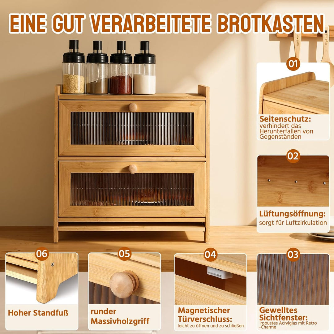 HAUSPROFI Brotkasten Bambus 2 Etagen, Brotkästen Holz mit Schneidebrett Belüftung Gewelltes Sichtbar