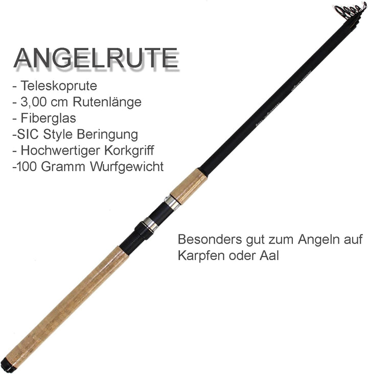 Vario Karpfen Combo Angelset | 3m XXL Komplettset mit Tasche + Anglerstuhl + Köderboxen + Zubehör fü