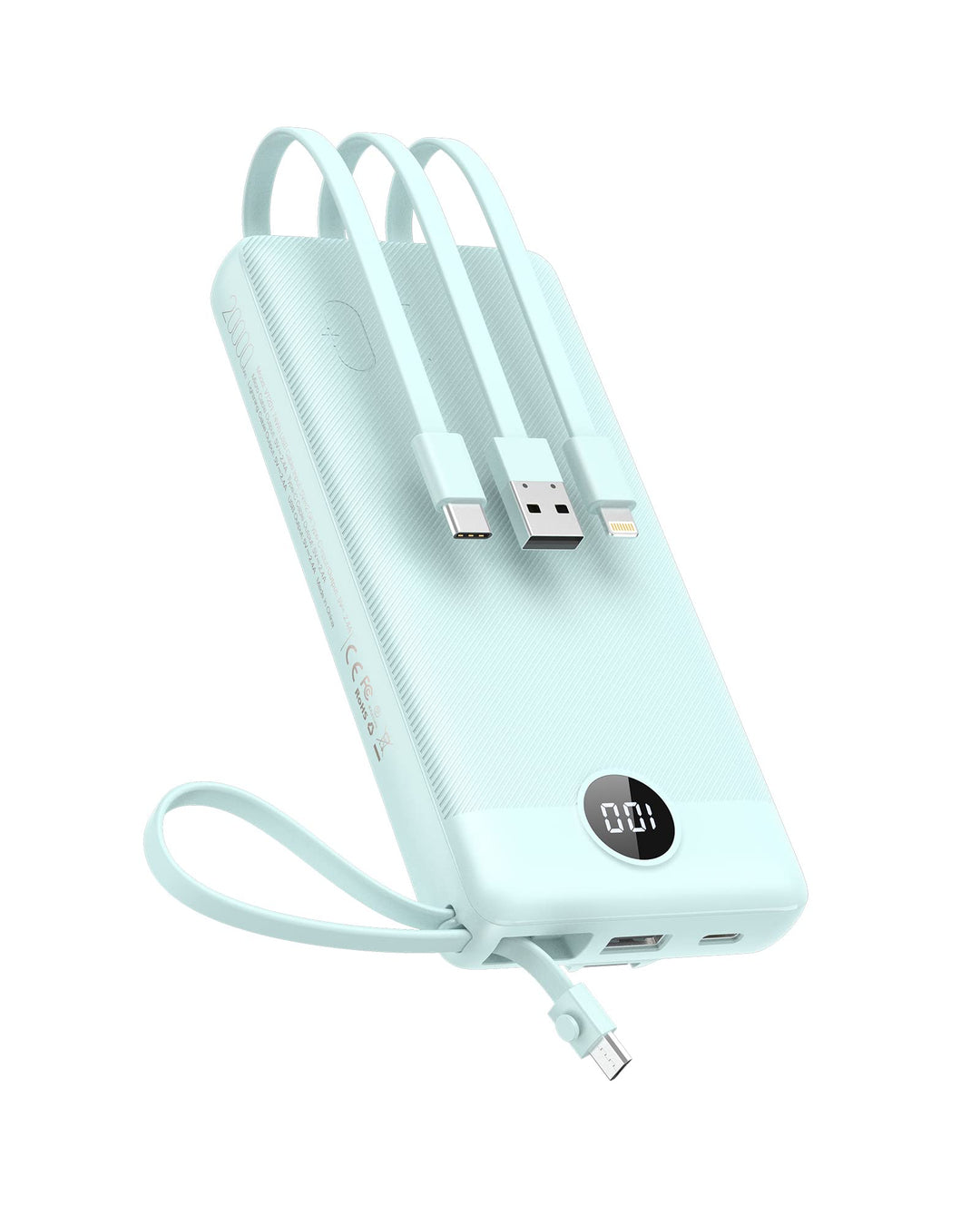 VEEKTOMX Powerbank 20000mAh Power Bank mit integrierten Kabeln USB C Externe Handyakkus mit 5 Ausgän