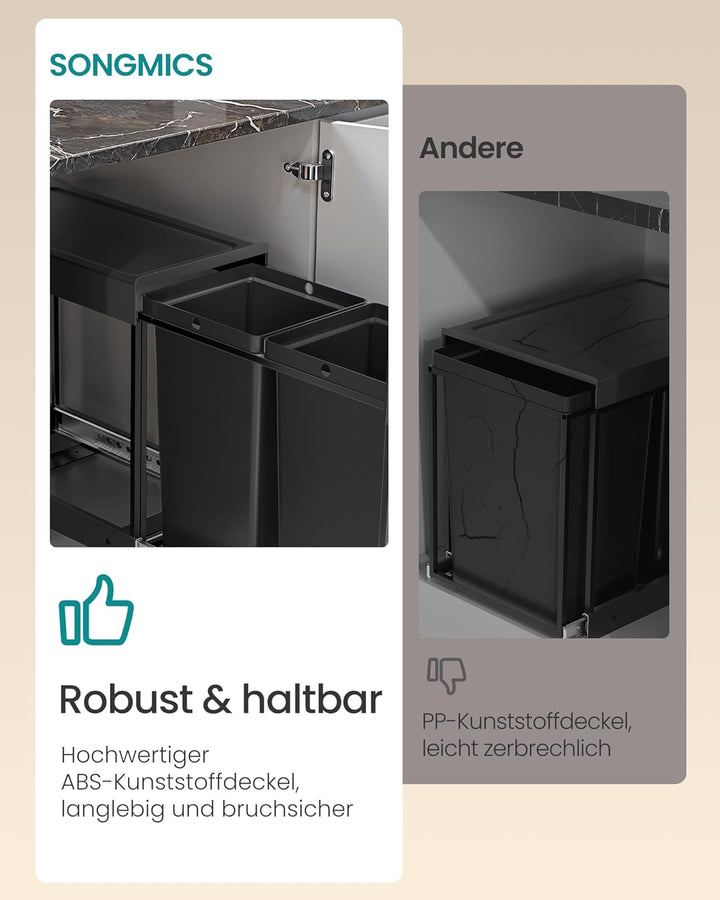 SONGMICS Mülleimer küche, Mülltrennsystem für Unterschrank, 2 x 15 L, Abfalleimer 2 Fächer, ausziehb