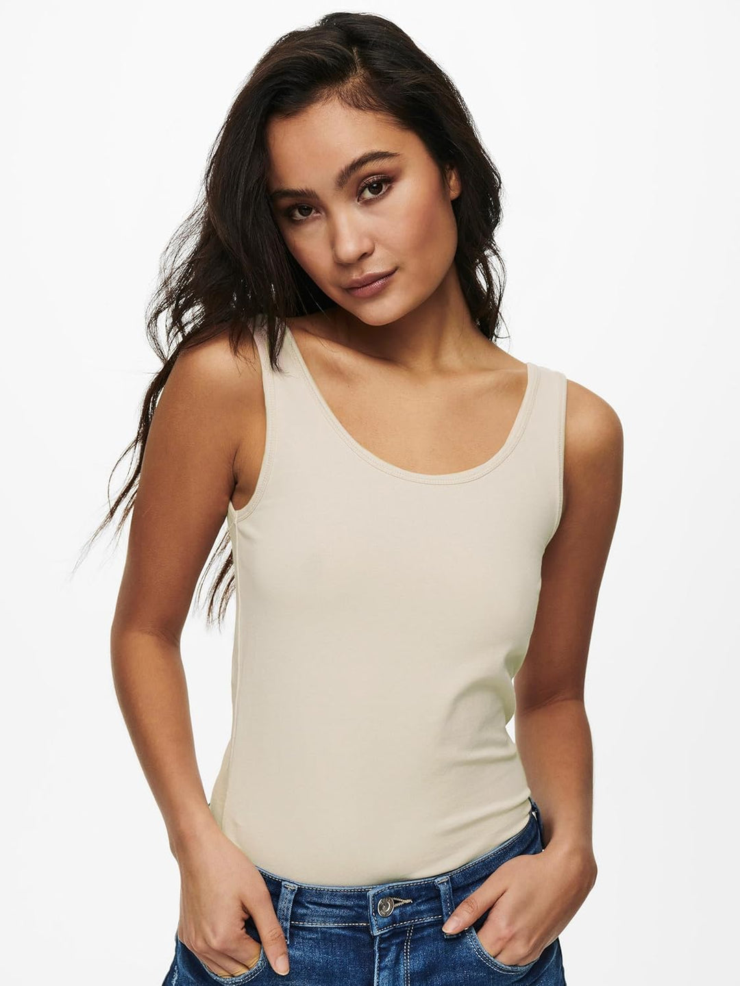 ONLY 3er Pack Damen Oberteile Basic Tank Tops weiss, schwarz, grau, blau, Creme Frauen Shirt lang So