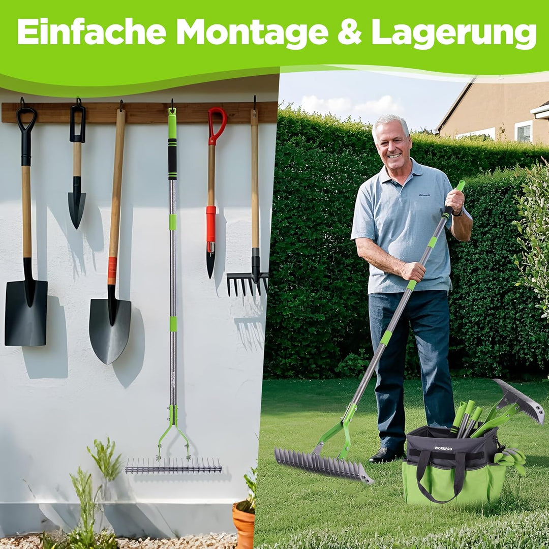 WORKPRO Laubrechen mit Stiel, 38cm Arbeitsbreite Rechen für Garten, Verstellbarer Griff 102–178 cm,