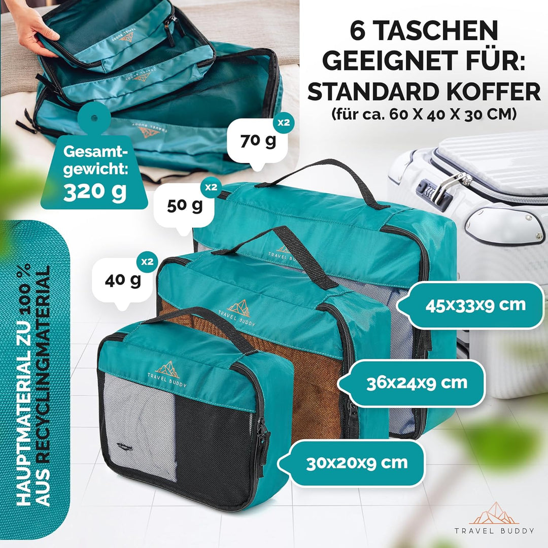 TRAVEL BUDDY® Koffer Organizer Set - 100% Recycling Material - Ultra leicht & waschbar - 6 Packtasch