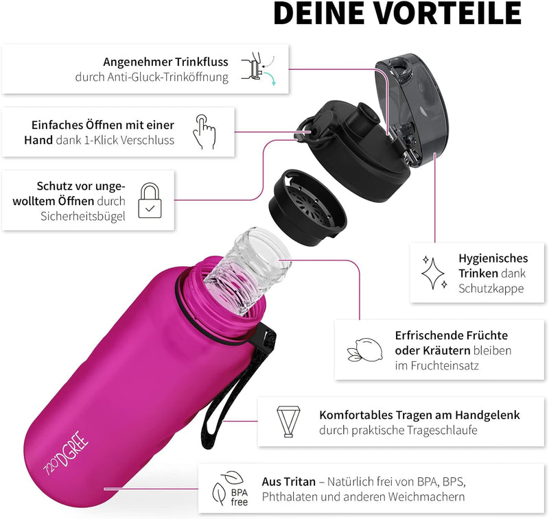 720°DGREE Trinkflasche 1,5l “uberBottle“ +Früchtebehälter - BPA-Frei, Auslaufsicher - Wasserflasche