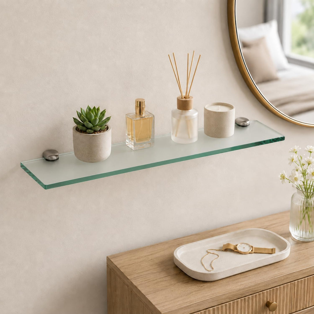 Glasablage Bad Matt 40 x 10 cm, Wandregal aus 8 mm gehärtetem Glas, Badezimmer Glasregal mit Zinkleg