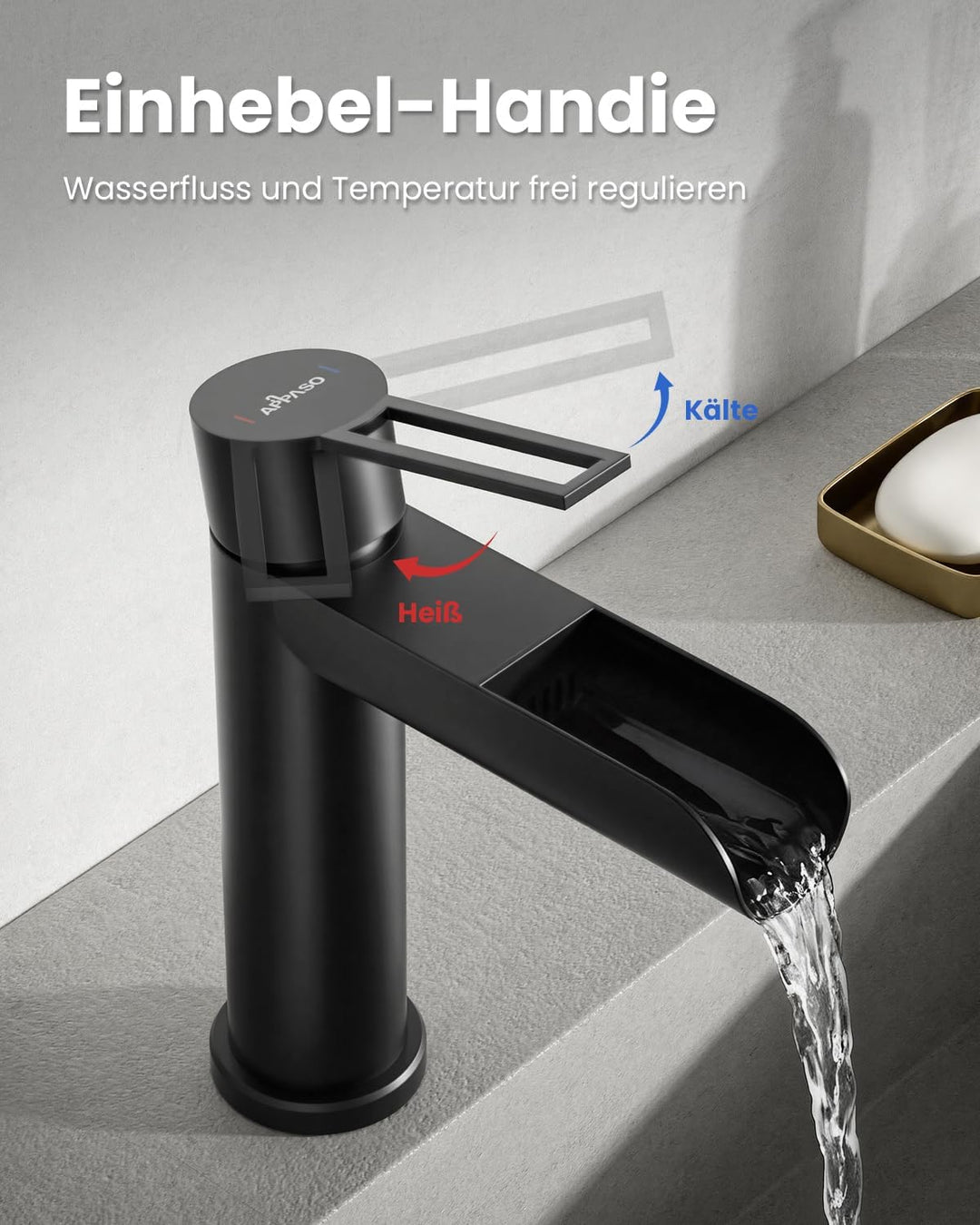 APPASO Wasserhahn Bad Schwarz, wasserfall wasserhahn, Waschbeckenarmatur mit, Auslauf Höhe 115mm, ar