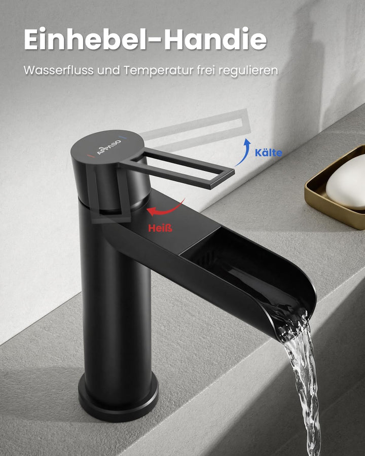 APPASO Wasserhahn Bad Schwarz, wasserfall wasserhahn, Waschbeckenarmatur mit, Auslauf Höhe 115mm, ar