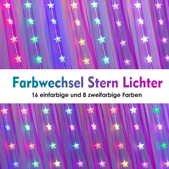 Regenbogen Betthimmel Mädchen mit Lichtern, 24 Farben Himmelbett Vorhänge LED-Stern Fee Lichter Prin