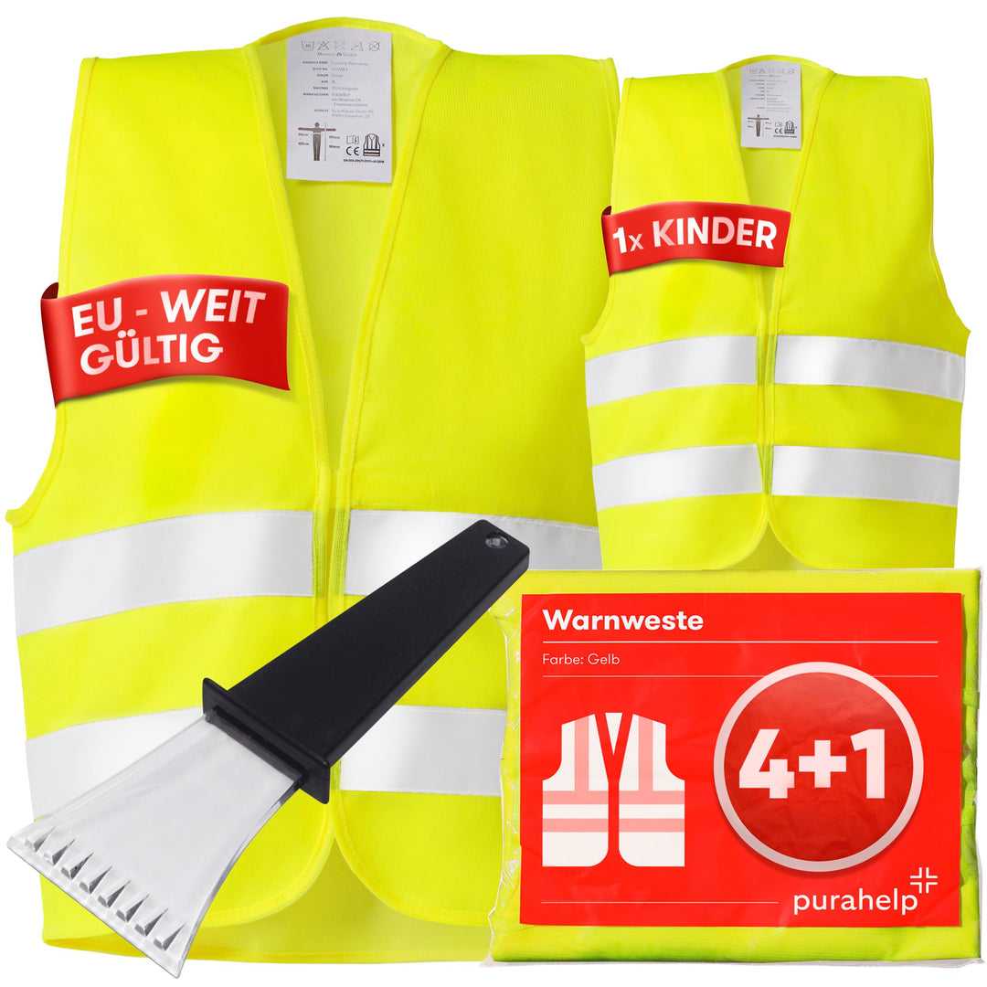 PURAHELP Warnwesten Auto 5er 4+1 Set Europaweit gültig nach EN ISO 20471 - Inkl. Eiskratzer - Reflek