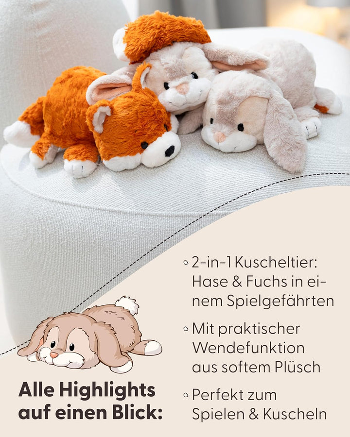 Kuscheltier Hase & Fuchs 25cm mit Wendefunktion 2in1 - orange - Stofftier aus weichem Plüsch, niedli