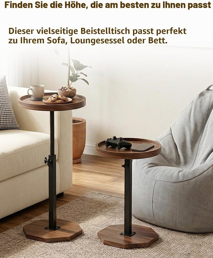 Beistelltisch Rund Holz, 360°Rotierend Höhenverstellbarer Beistelltisch mit Kantenschutz, Rutschfest