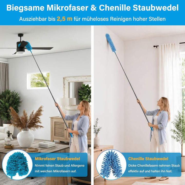marysgift Staubwedel Teleskop Waschbar Mikrofaser Duster Lang Ausziehbar Bis 250cm,7 Stück Staubwede