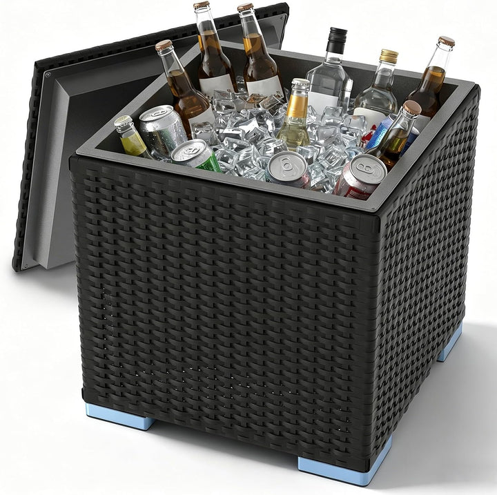 Kühlbox 40L 43x43x43cm – Quadratischer Getränkekühler mit PE Rattan Optik &amp; Doppelwandiger Stahleins