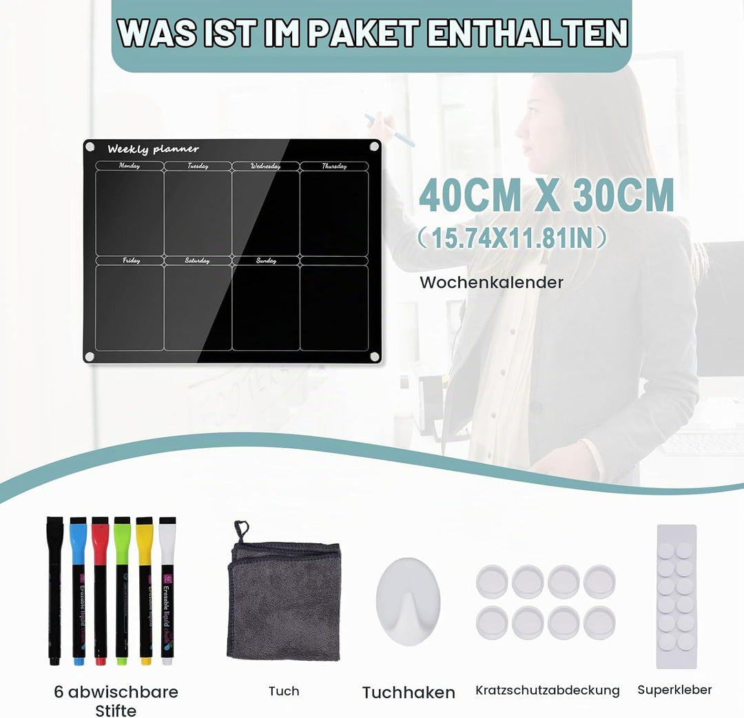 Acrylic Wochenplaner Magnetisch,Wochenplaner abwischbar für Kühlschrank,15.74x11.81 Zoll Wiederverwe
