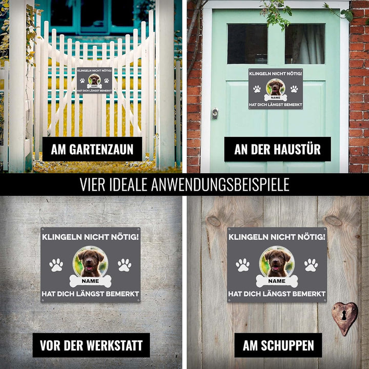 Hunde Schild personalisiert - Klingeln nicht nötig - Metallschild mit Foto und Name für aussen, wett