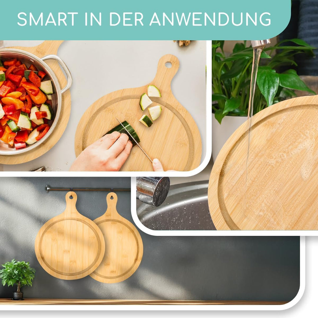 Schneidebrett Set Oval aus Holz, Holzbrett mit Griff I 2er Set Frühstücksbrettchen aus Bambus für di