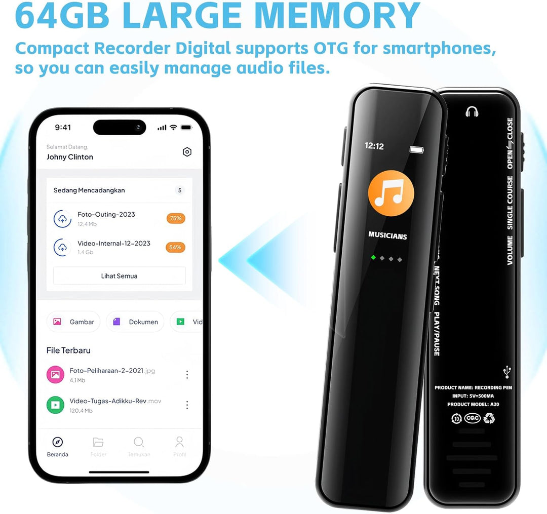 Diktiergerät Mini 64GB, Aufnahmegerät, Digitales Diktiergerät Mit Rauschunterdrückung, Audio Recorde