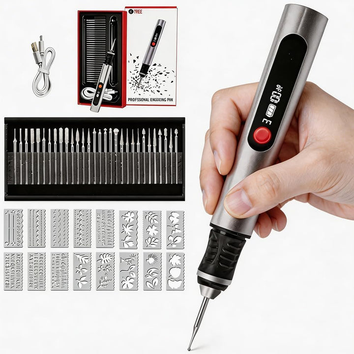 Gravierstift, Elektrischer Gravur Stift mit 30 Bits und 16 Vorlagen, Kabelloser Tragbarer Gravur Ger