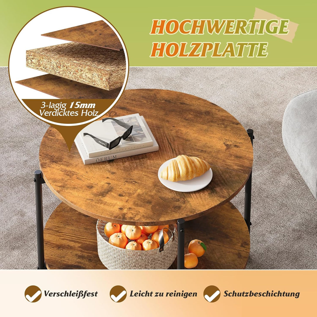 WLIVE Runder Couchtisch Weiss, Wohnzimmertisch Holz mit 2 Ebenen, Sofatisch mit viel Stauraum, für W