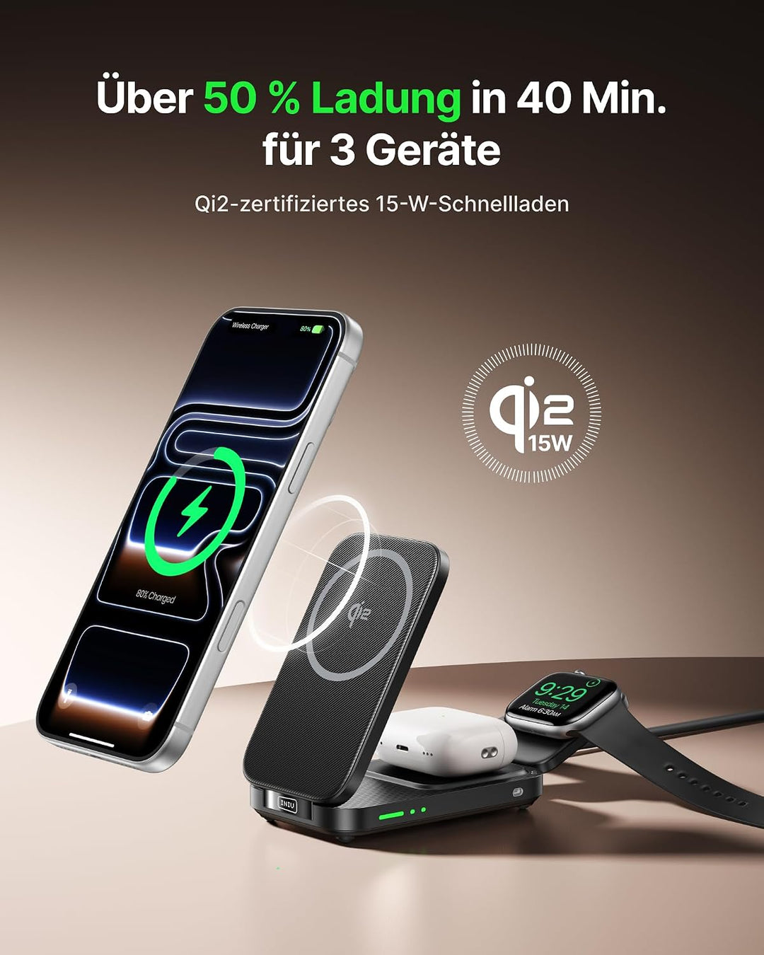 INIU Induktive iPhone Ladestation 3 in 1, 15W Qi2-Zertifiziertes Magnetisches Kabelloses Ladegerät F