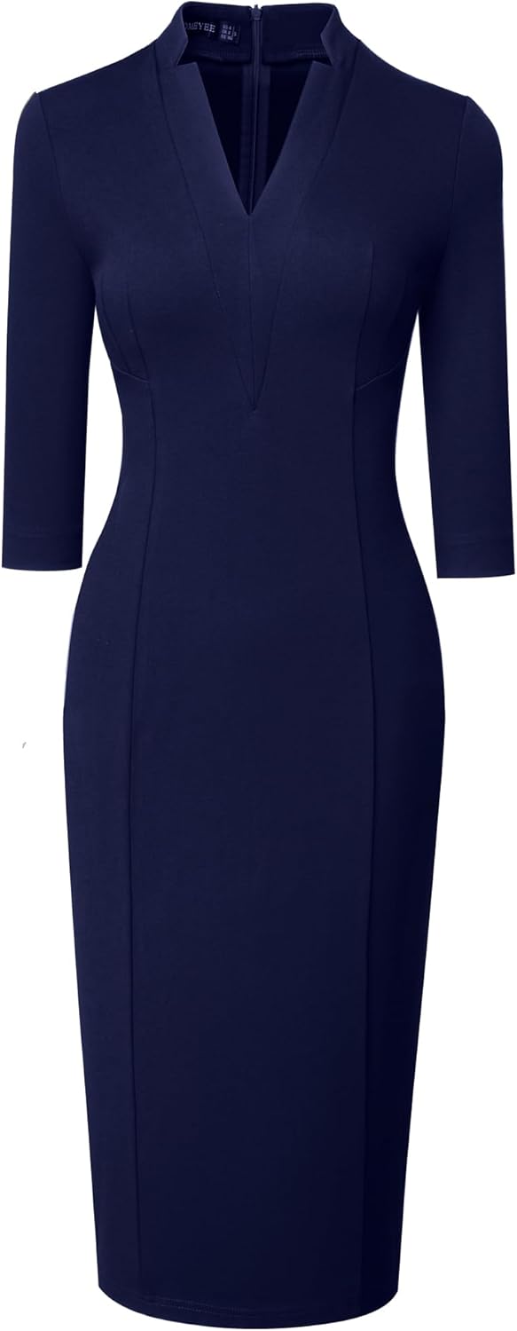 HOMEYEE Damen Elegant V-Ausschnitt 3/4 Ärmel Cocktail Retro Bodycon Bleistiftkleid Business Midi Etu
