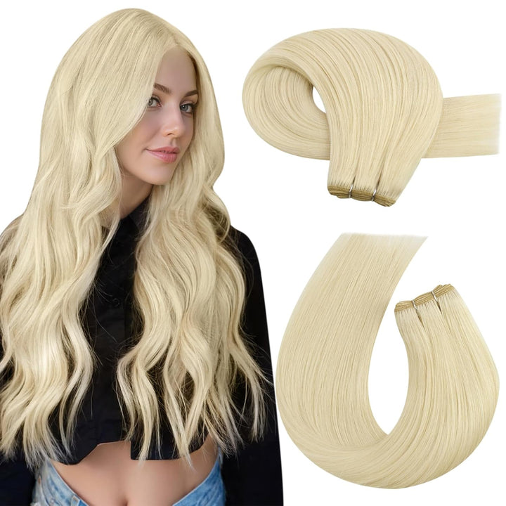 Moresoo 60 cm Haarextension Echthaar Tressen zum Einnähen Platinblond Remy Tressen Extensions Echtha