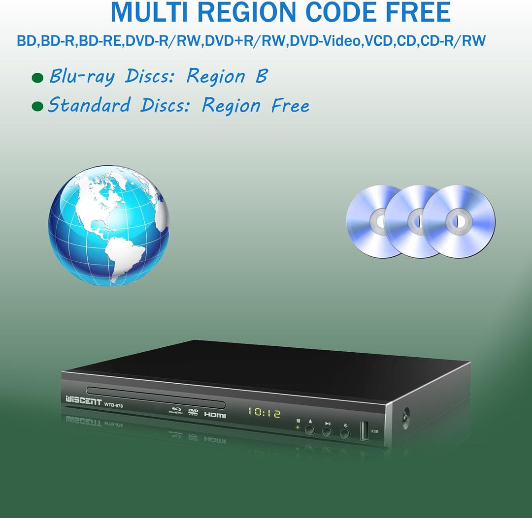 Blu-Ray Player für TV, WISCENT DVD Player mit Koaxial/HDMI/AV/Ausgang, USB-Eingang, Alle DVDs und Re