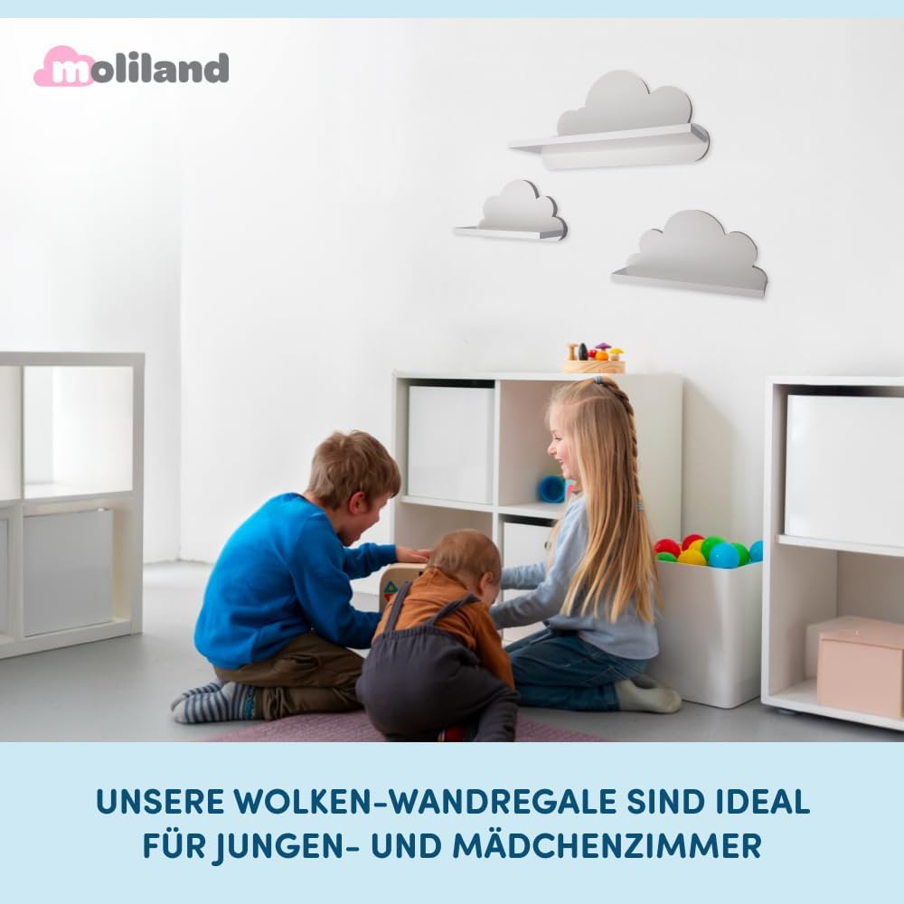 3er Set Wandregal Kinderzimmer Weiss | Babyzimmer Wolkenregal für Bücher, Spielzeug, Dekoration | Re