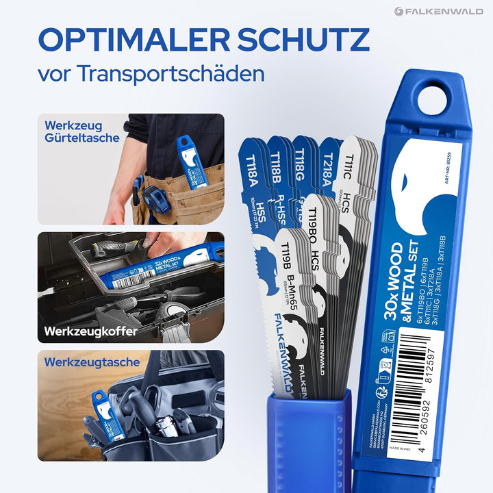 FALKENWALD® Stichsägeblätter Set 30tlg 18x Holz + 12x Metall - T-Schaft HCS, HSS &amp; Bi-Metall - Für W