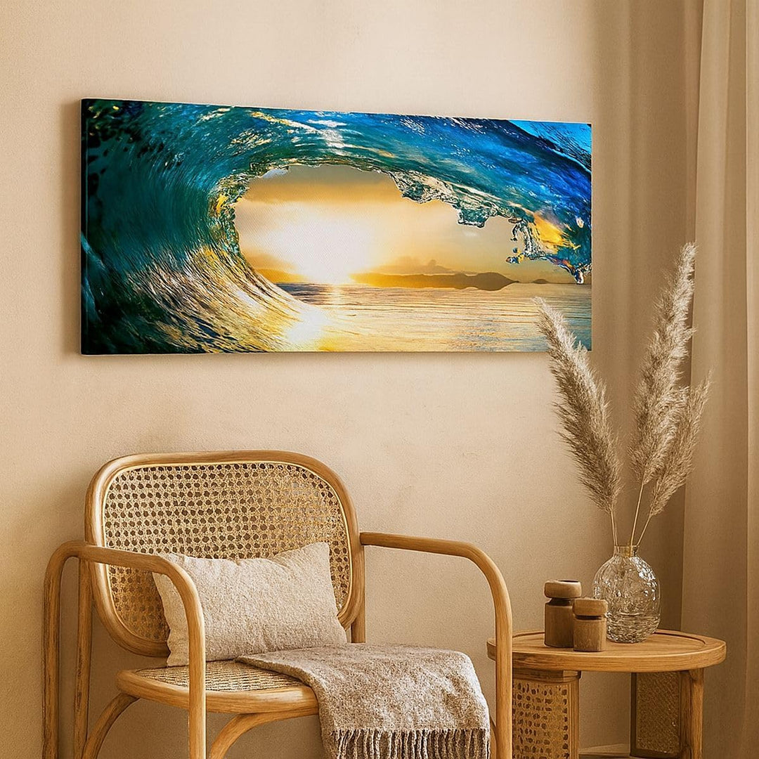 Wandbilder Dekoration Wohnzimmer Ozean Welle Sonne Klima Panorama Bilder auf Leinwand 120x50cm Leinw