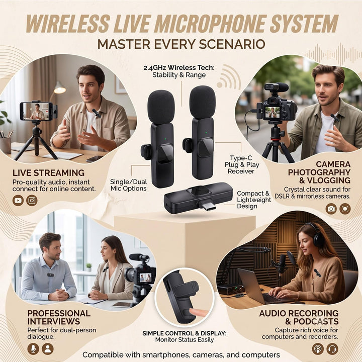 Mikrofon Handy, Kabelloses Lavalier Mikrofon USB-C für Android Smartphone, Wireless Mic mit Funkempf