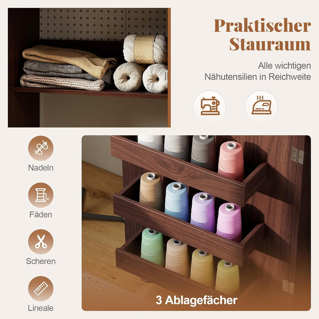 RELAX4LIFE 2 in 1 Nähtisch, Nähmaschinenschrank klappbar mit Ladestation, Nähschrank aus Holz mit Re