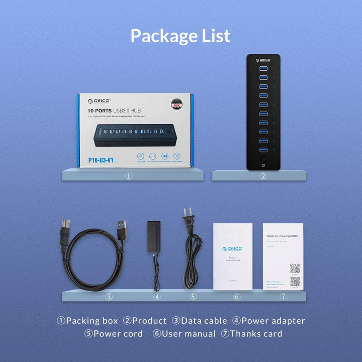 ORICO USB 3.0 Hub 10 Ports mit Netzschaltern und Netzteil 45W (12V4A), 5 Gbps Highspeed Datenhub für