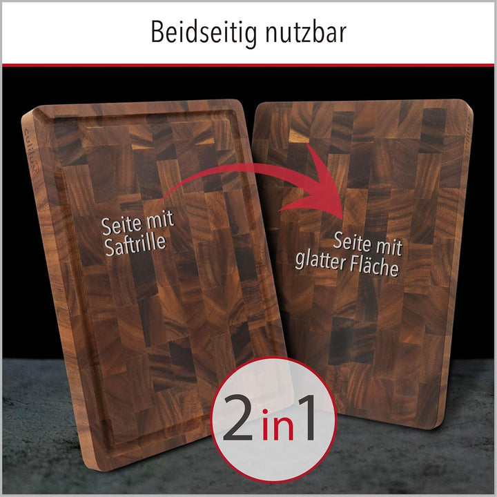 Gourmet Schneidebrett L Stirnholz Walnuss 2-seitig 40 x 30 x 3 cm mit Saftrille antiseptisches Hirnh