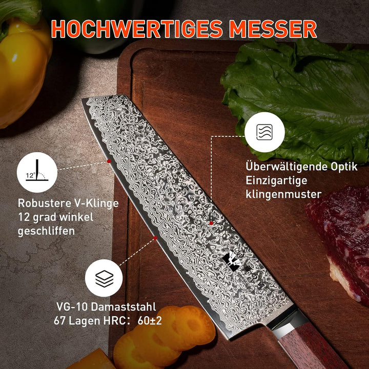 FUJUNI Damastmesser Kiritsuke Profi Kochmesser Mit Extrem Scharf 20cm Klinge Aus 67 Lagen Vg-10 Dama