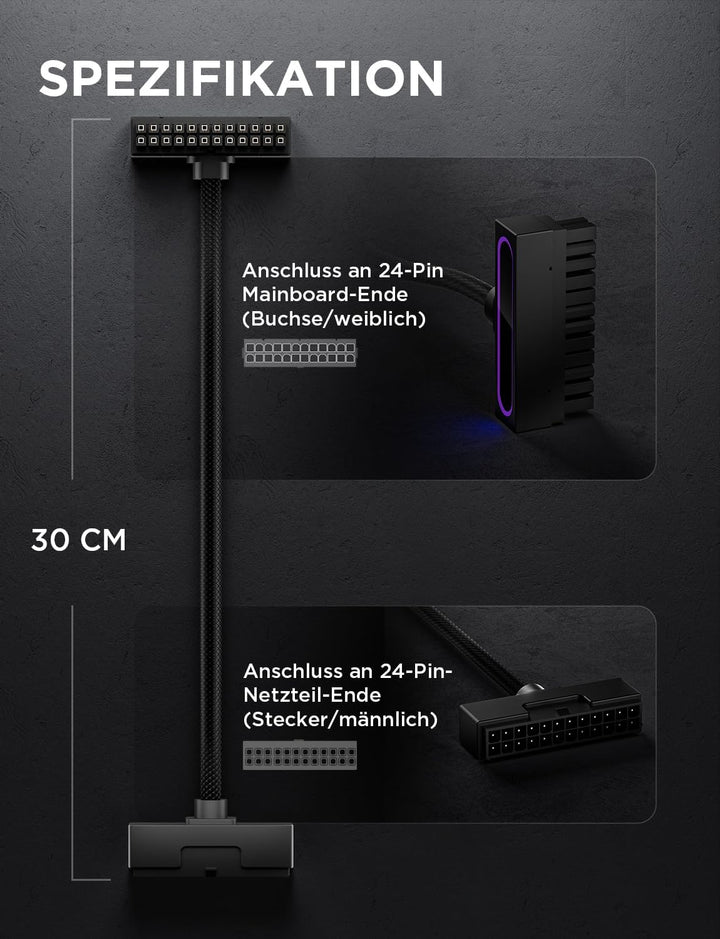 AsiaHorse Hydrus 24Pin PSU Kabelverlängerung, PC 24 Pin Sleeved Cable für 24 Pin ATX [18AWG] Netztei