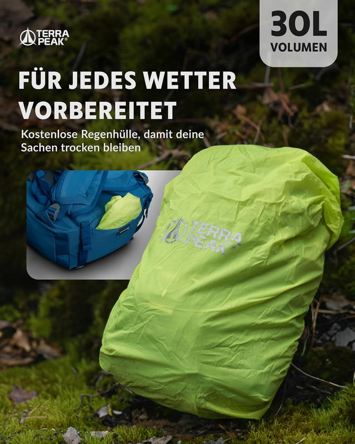Terra Peak Wanderrucksack 30L Flex 30 Premium mittelgross mit Rückenbelüftung, Trinksystem & Regensc