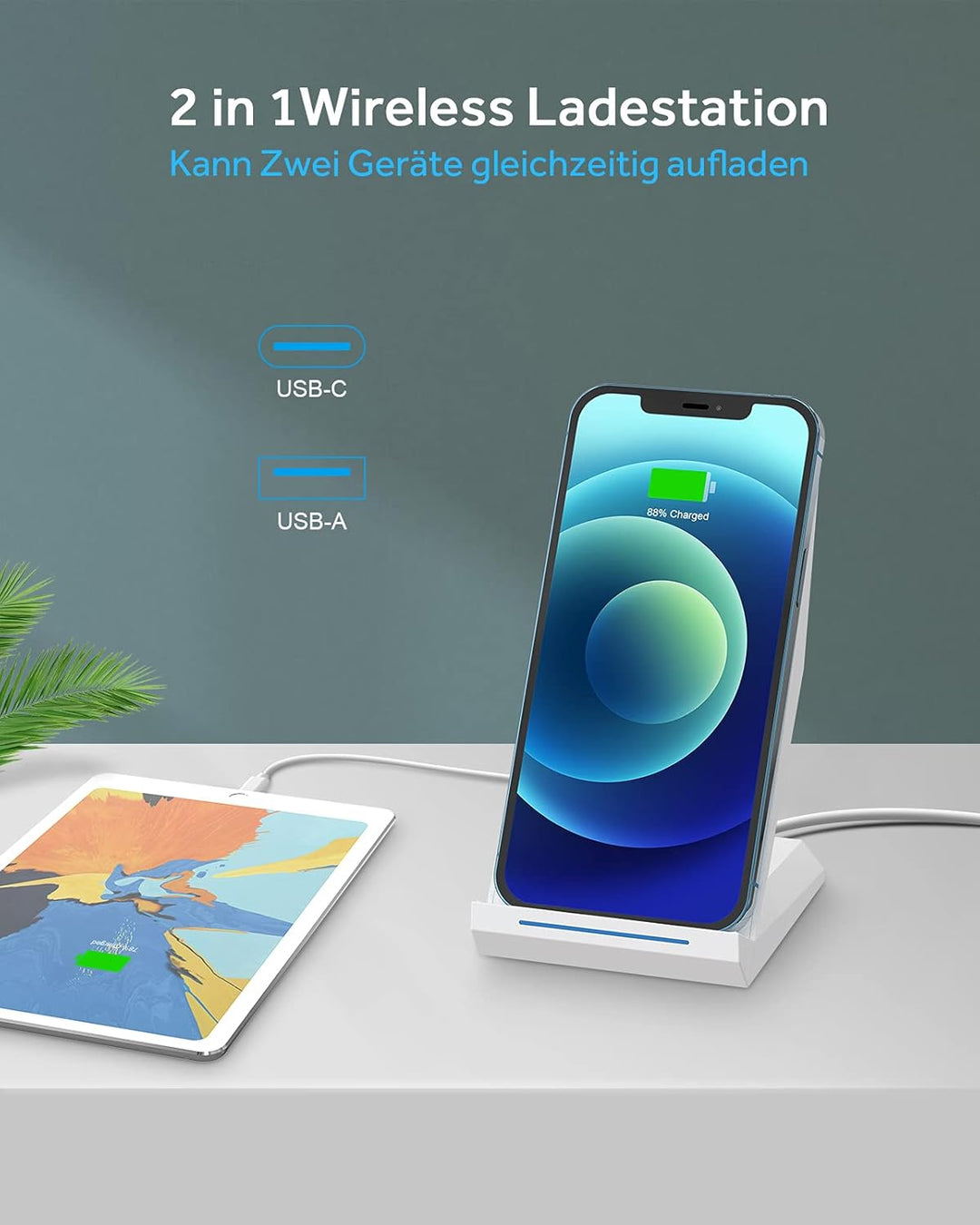 NANAMI Wireless Charger mit 30W USB-C Ladegerät - 2 in 1 Induktive Ladeständer mit Anschluss, Qi Kab